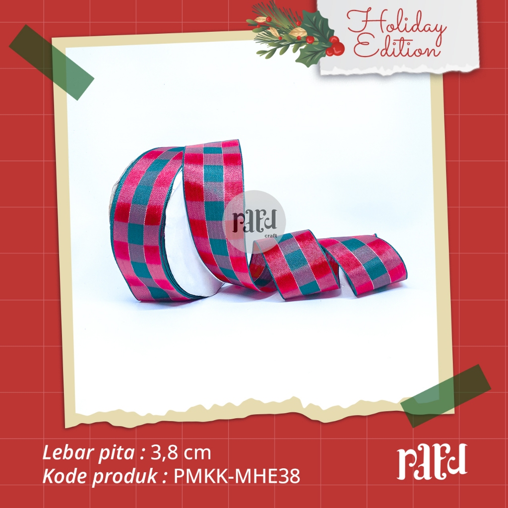 

[RC]-Pita Natal|Pita Motif Kotak-kotak|Pita Kado/Hampers|PER 1 YARD (90cm)|Lebar 3,8 CM|Merah Hijau Aksen Emas