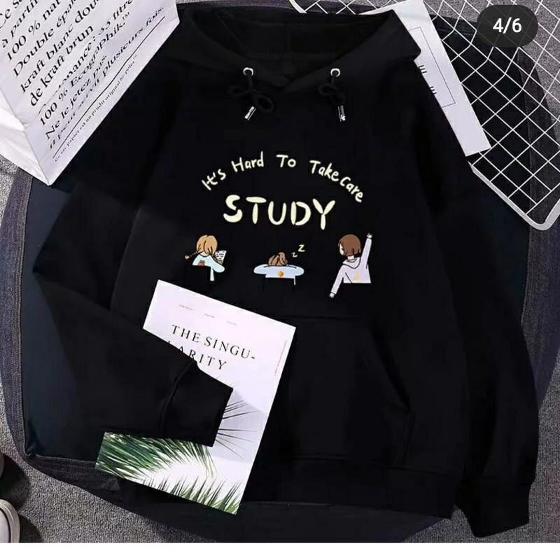 Hoodie STUDY Cute Korean Style Sweater Wanita Ovesize