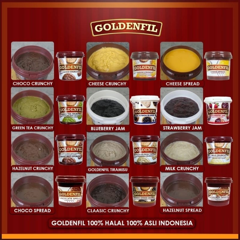 

GOLDENFIL GOLDENFILL UKURAN EMBER PAIL PIL 1KG 1 KG KILO OLESAN CELUPAN ISIAN SELAI TOPPING CHOCOLATE CHOCO MILK TIRAMISU HAZELNUT STRAWBERRY BLUEBERRY GREEN TEA SAVOURY CHEESE BLUEBERRY SPREAD CRUNCHY JAM UNTUK USAHA BISNIS JUALAN KUE ROTI DONAT ROPANG