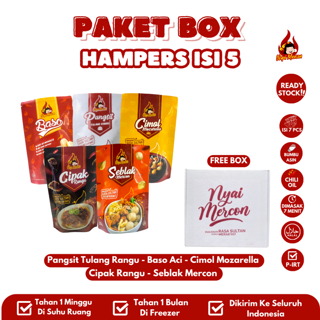 

Paket Hampers isi 5 Nyai Mercon (Seblak, Pangsit Rangu, Cipak, Baso Aci, Cimol)