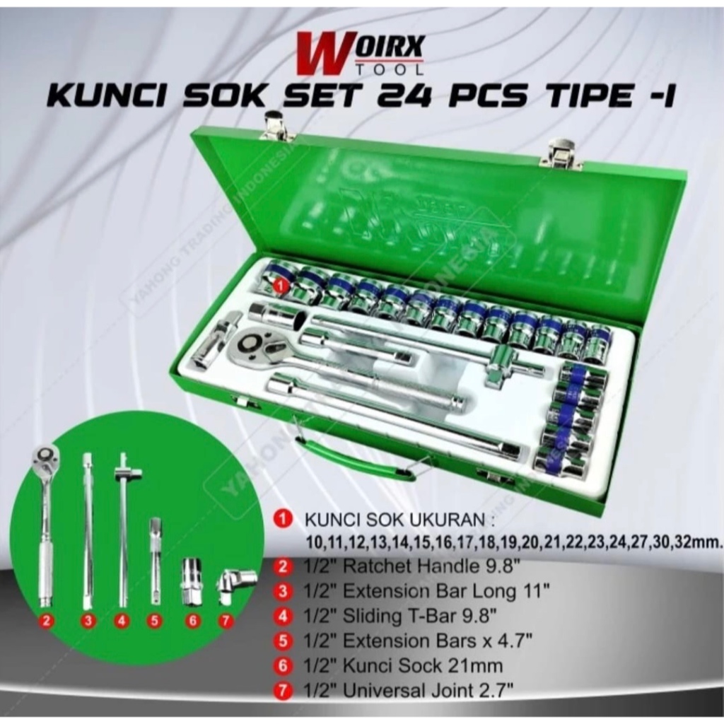 KUNCI SOK WOIRX 24 PCS SOK SET 10 - 32 MM CRV 1/2" DR Socket Set 24PCS