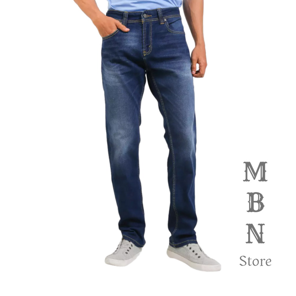 Celana Jeans Reguler Fit Dark Blue Wash Mens Denim Polos Panjang Navy Pria Dewasa Standar