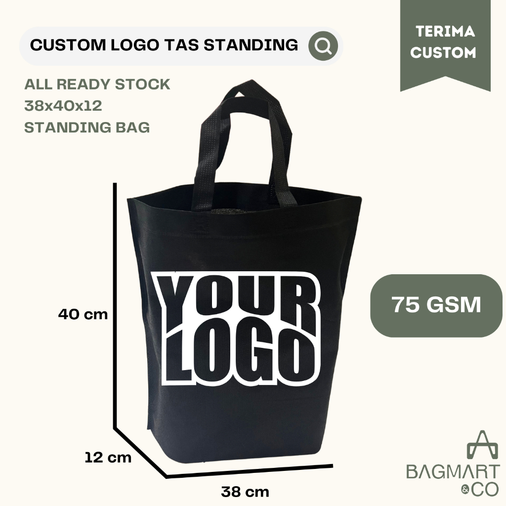 

Custom Logo Tas Tote Bag Tali 38x40x12 Standing Handle Bahan Kain Spunbond
