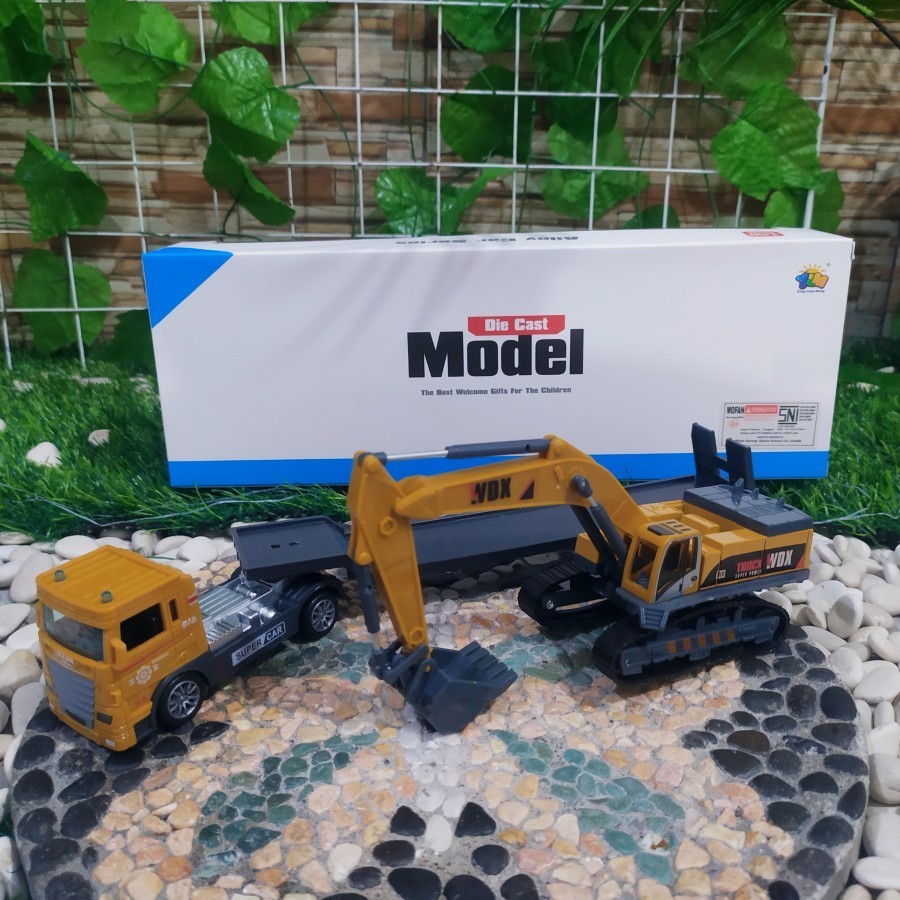 Diecast Set Truk Trailer & Excavator Alloy - Mainan Miniatur beko