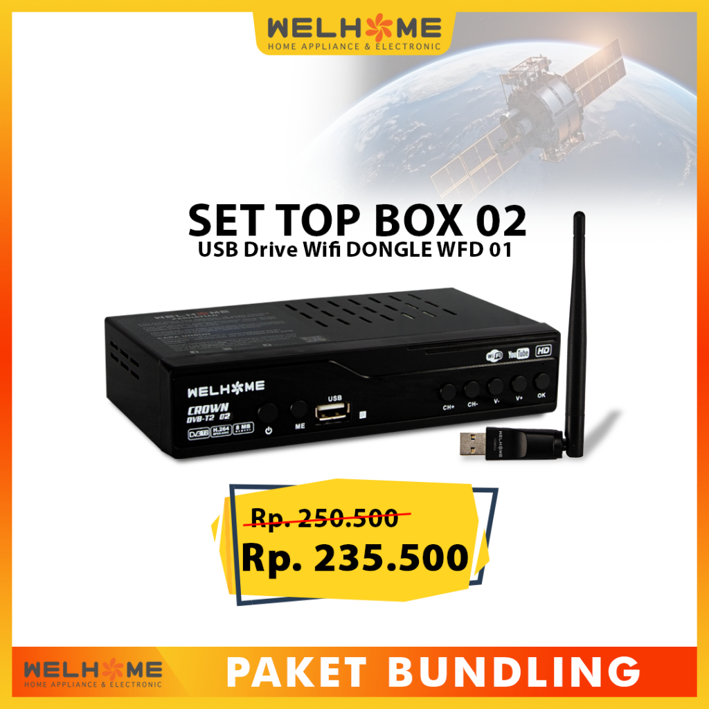 PAKET BUNDLING Set Top Box Welhome DVB-T2-02 + Welhome USB Drive Wifi Dongle WFD 01
