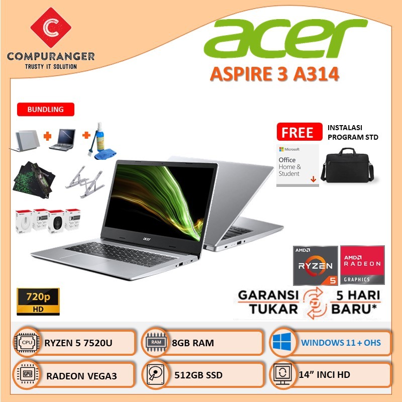 Laptop Acer Ryzen 5 7520U Radeon 8gb  512gb ssd Aspire 3 A314 14.0 inci