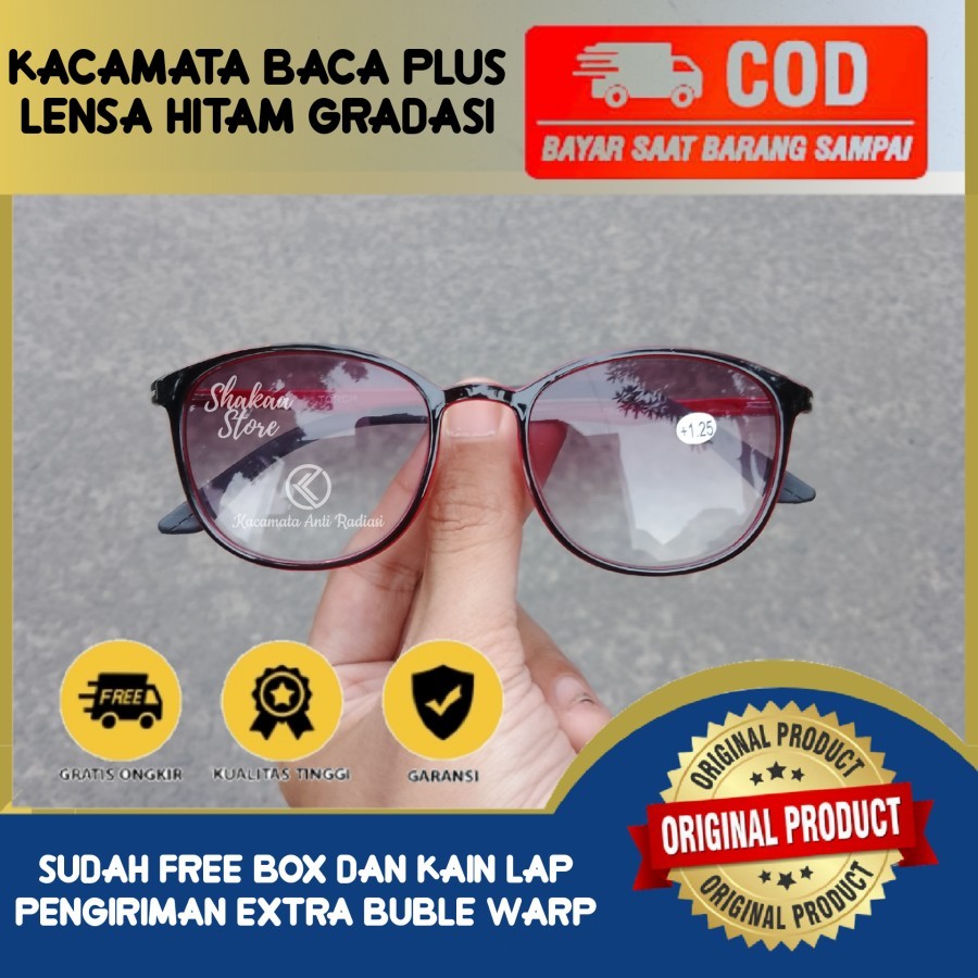 Kacamata Baca Plus Rabun Dekat Lensa Hitam Gradien Frame Oval Unisex - Hitam Merah, +3.00
