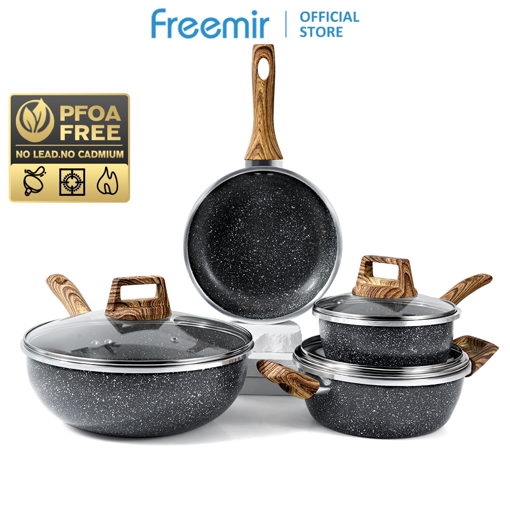 freemir Set 7 Pcs Wajan Panci 26/20/20/16 Cm Anti Lengket Marble Lapisan Granit Kombinasi Alat Masak Lengkap