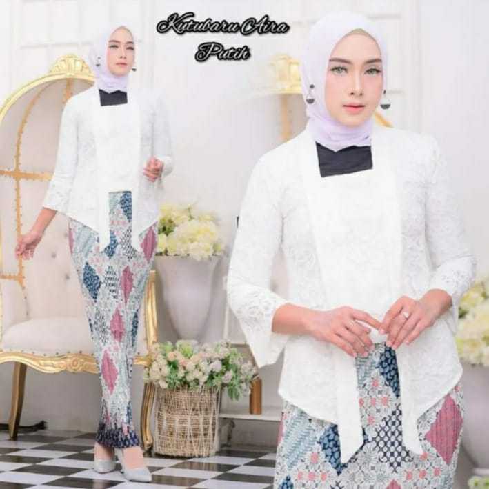 set kebaya kutubaru brokat modern rok plisket warna putih kebaya wisuda/kebaya pesta /kebaya kondang
