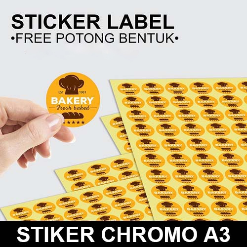 

PRINT/CETAK STIKER CHROMO CUTTING LABEL PRODUK / MAKANAN / MINUMAN / SOUVENIR BULAT A3