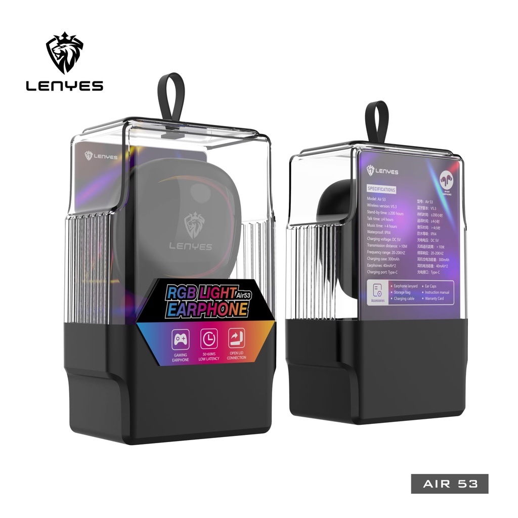 LENYES RGB AIR 53 TWS Earphone Light Wireless Bluetooth 5.3 Headset Hifi Stereo 50ms Low Latency