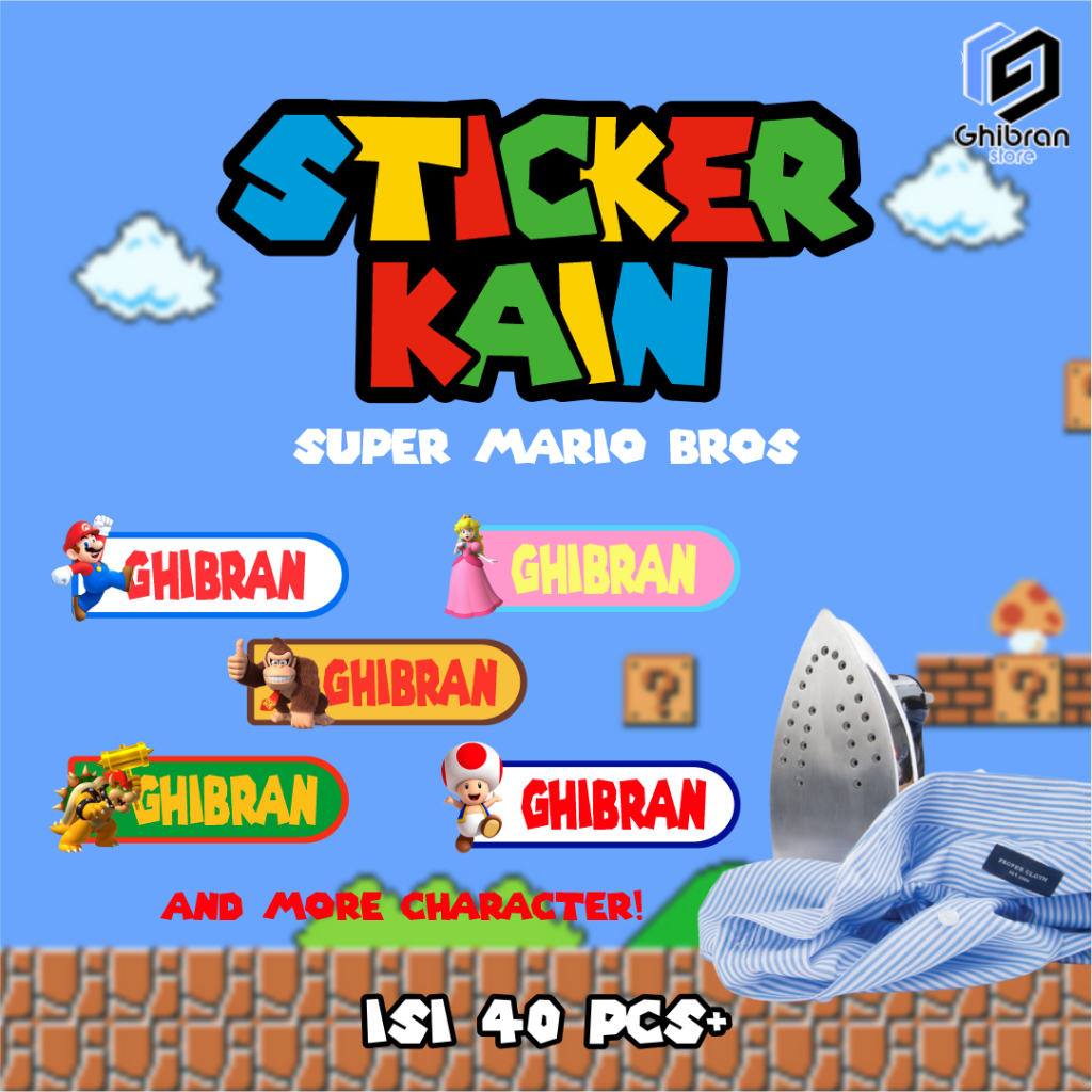

Stiker Kain Custom Super Mario Bros Isi 40 pcs | Stiker DTF anti air bisa menempel di kain