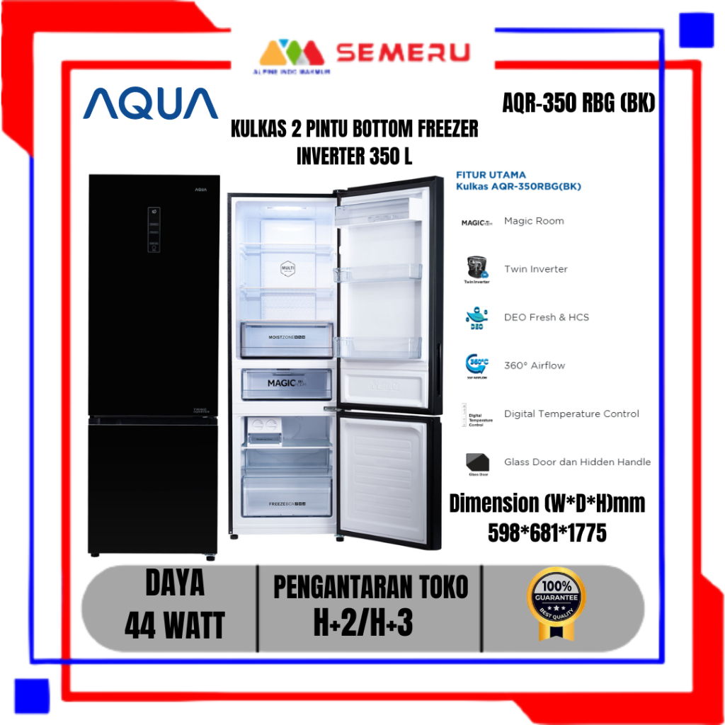 AQUA KULKAS 2 PINTU BOTTOM FREEZER INVERTER 292 L/ 350 L  AQR-320 RBG (BK) /AQR-350 RBG (BK) / KHUSU