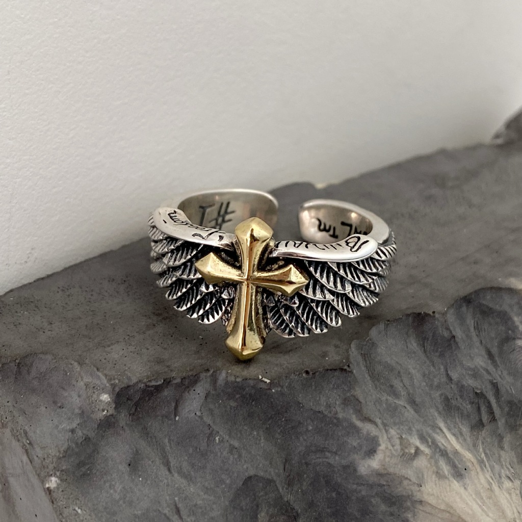 Cincin Salib Sayap Gold / Cincin Motif Sayap Salib Gold Mewah Unisex / Vintage Cross Wings Eagle Rin