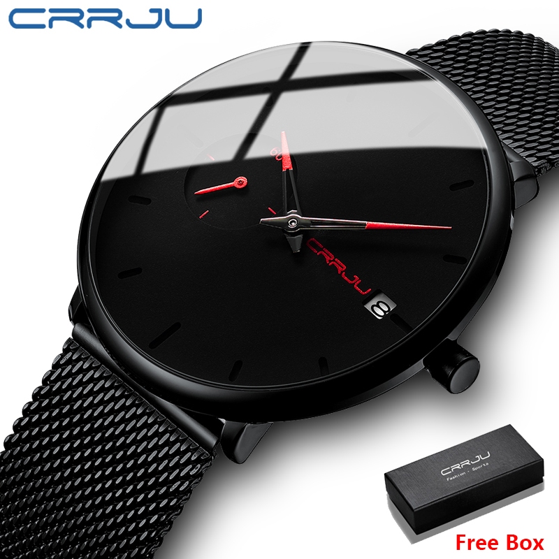 CRRJU Jam Tangan Pria Bisnis Tahan Air Ultra Tipis Tali Kalender Anti Air Quartz Arloji Cowok