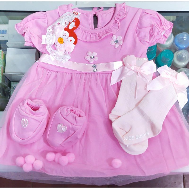 Dress bayi tutu + bando + sepatu + hanger /  dress pink bayi perempuan/baby set /gift set/ kado bayi