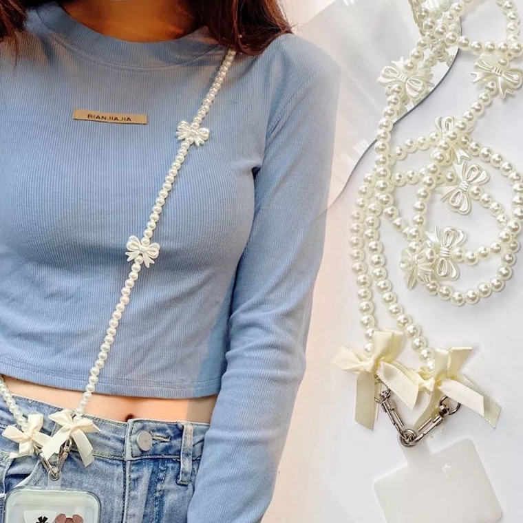 Sale Oke HPS-01 Tali Lanyard Selempang HP Gantungan Hape Manik Pita Putih Cantik Elegant