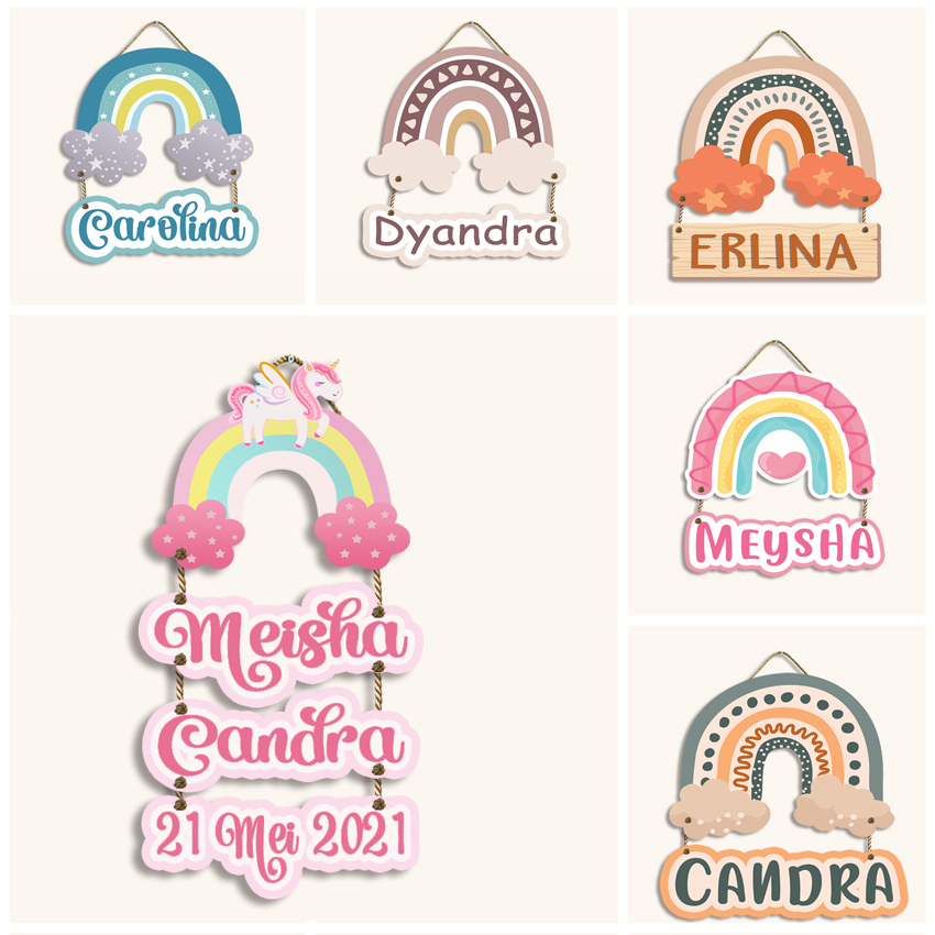 Hiasan Dinding Gantungan Nama  pintu Dekorasi Kamar  Papan Nama Anak Awan Pelangi Boho Style