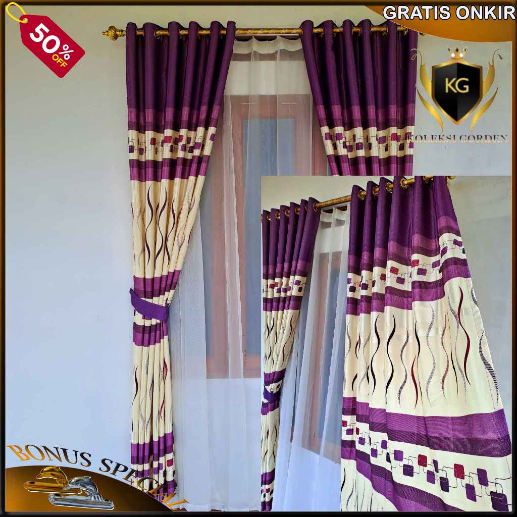 Gorden Jendela Panjang 250cm Motif Daun 6 Gelombang Dekorasi Terbaru Warna Ungu Hijau