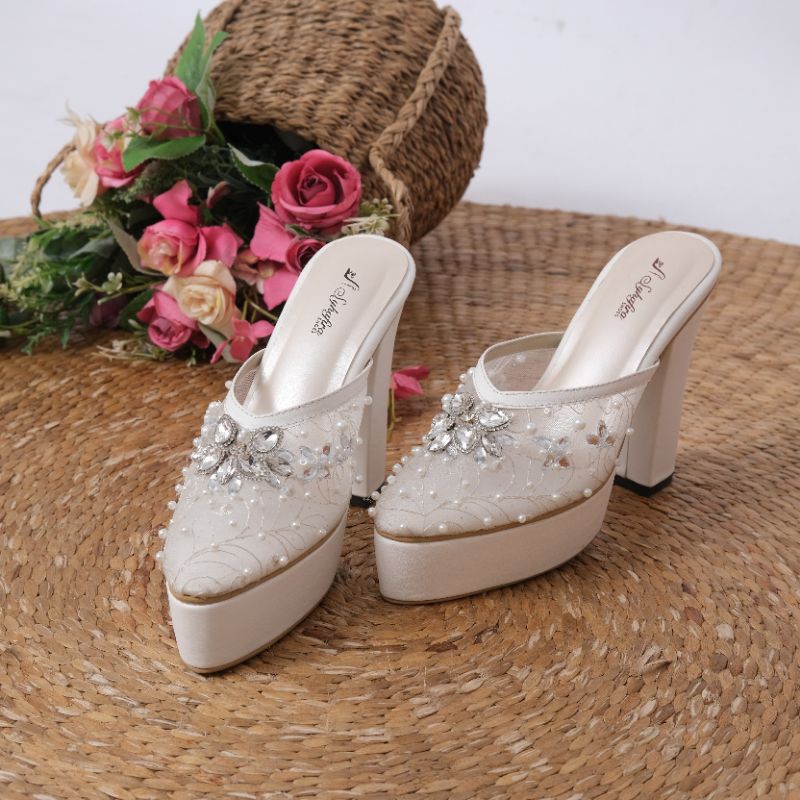 Syhafira - Shakinah Selop Penganting Wedding Shoes Wanita Hak Tahu 12 Cm Putih