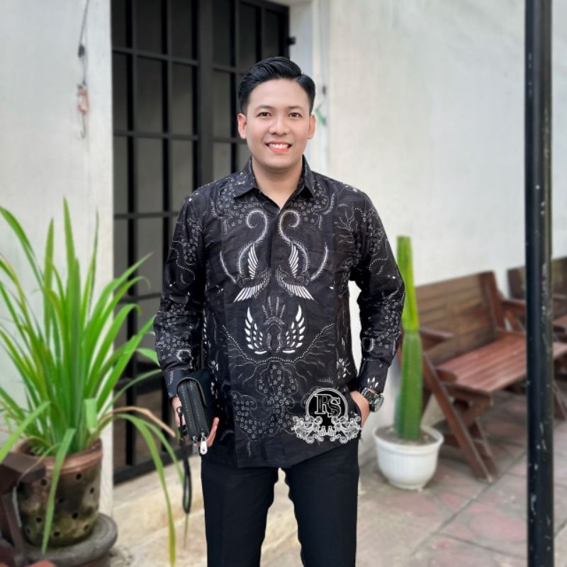 Kemeja batik pria dewasa jumbo Atasan Batik pria warna hitam kombinasi coklat elegan kemeja big size