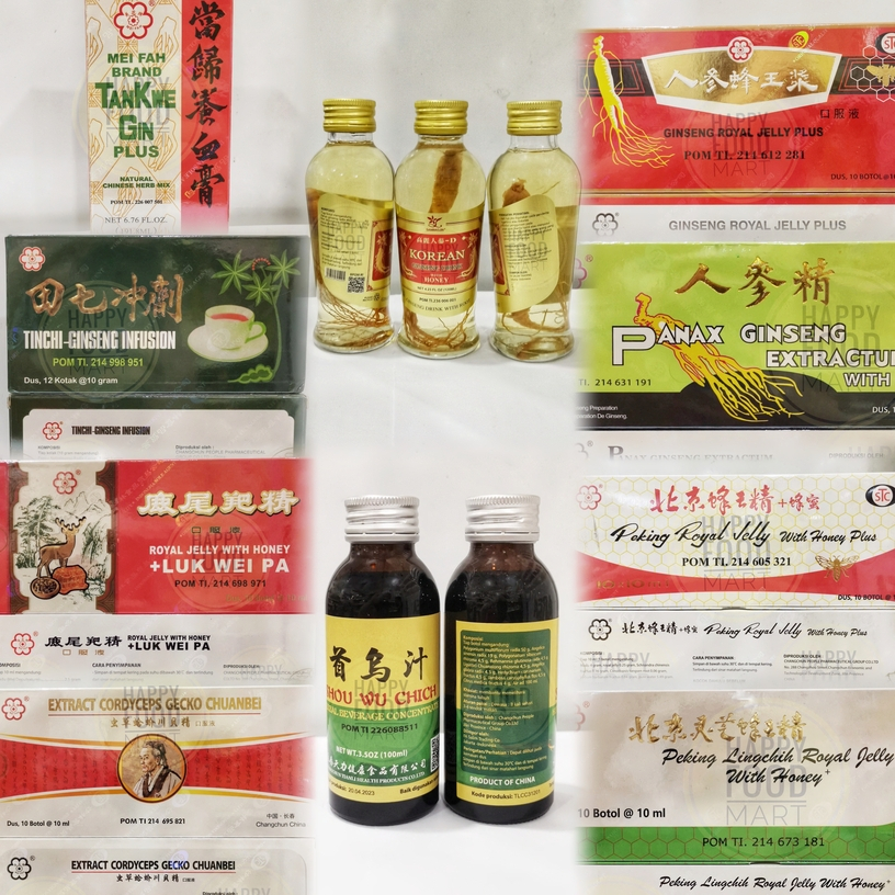 

[PROMO] MINUMAN KESEHATAN MENJAGA STAMINA/SANBAOJIN HERBAL KOREAN GINSENG DRINK WITH HONEY/MEI FAH TAN KWE GIN PLUS/SHOU WU CHICH/EXTRACT CORDYCEPS GECKO CHUANBEI/TINCHI INFUSION/ROYAL JELLY LUK WEI PA/PANAX GINSENG EXTRACTUM/PEKING ROYAL JELLY/LINGCHIH