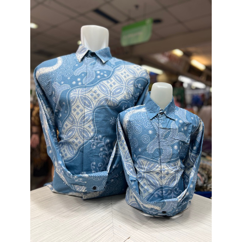 Couple Ayah dan Anak Biru muda , Batik Lengan Panjang