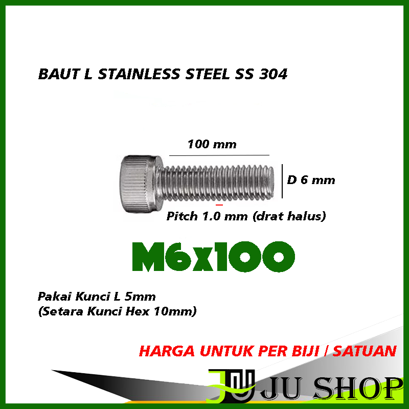 Baut L M6x100 (HALUS) (KUNCI 10MM / kunci L 5MM) stainless steel M6 x 100 SS304 (HARGA PER BIJI)