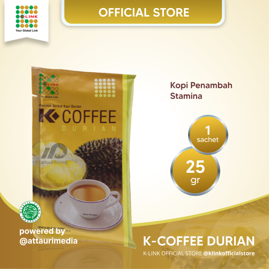 

K-Link Kopi Durian Original BPOM Kemasan 1 Sachet Kopi Rasa Durian Mencegah Anemia Melancarkan BAB Mengatasi Mual & Mabuk Perjalanan K-Link Official Store Klink Alia Story Aliastory Attauri