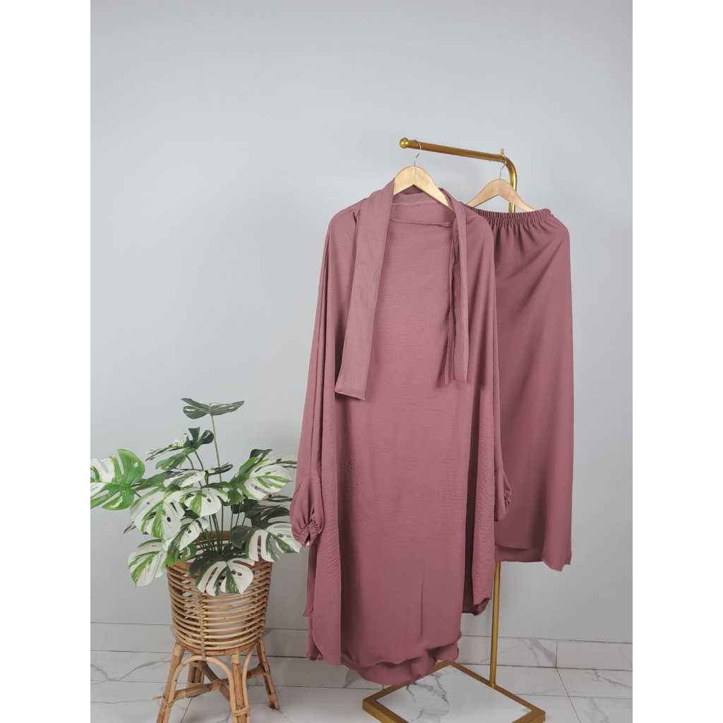 One Set Jilbab Hijab Kerudung Bergo Baju Gamis Syari Wanita Terbaru French Khimar Set Rok Crinkle Ai