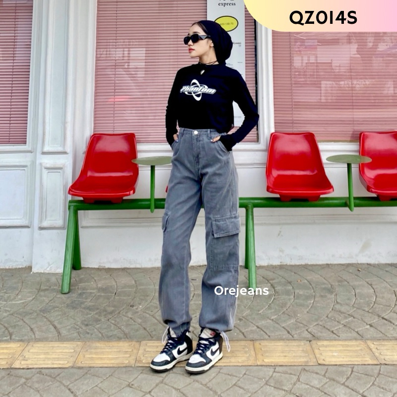 ORE - QZ014S Kulot Joger Cargo Pants Jeans Highwaist Serut Bawah Vintage Streetwear Korean Style