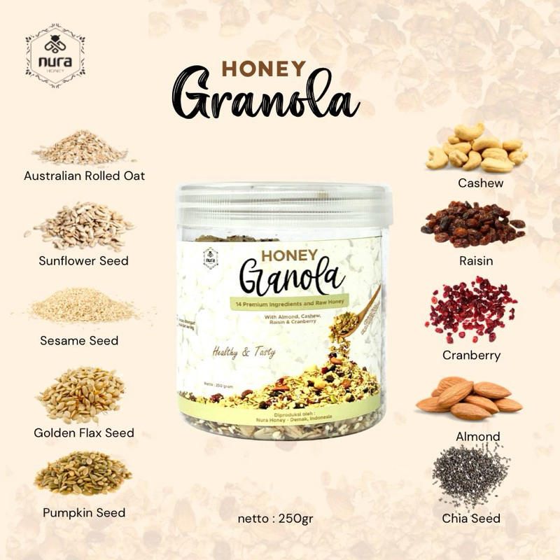 

Honey Granola by Nura Honey / nurahoney / mix nuts / sarapan sehat