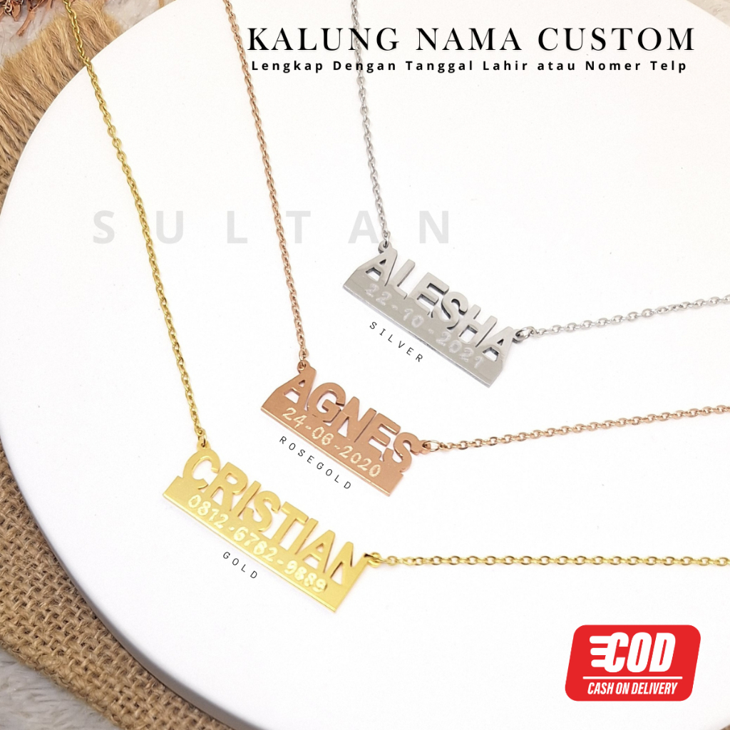 SULTAN - Kalung Nama & Tanggal Lahir Kalung Nama & Kontak Telp Kalung Nama Custom Titanium Lapis Ema