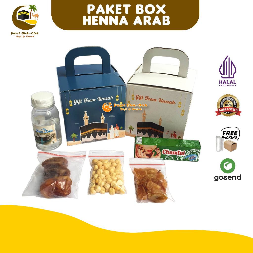 

Paket Henna Arab Oleh Oleh Haji dan Umroh Air Zamzam ori + Kacang Arab + Kismis Kurma Khalas