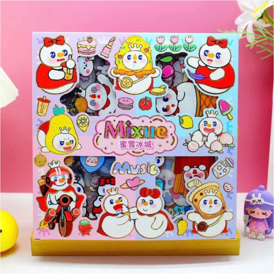 Sticker MIXUE Momo Barbie Kuromi Sanrio Box Mix Karakter Snow King Es Krim Waterproof Stiker PET Box isi 100 Lembar