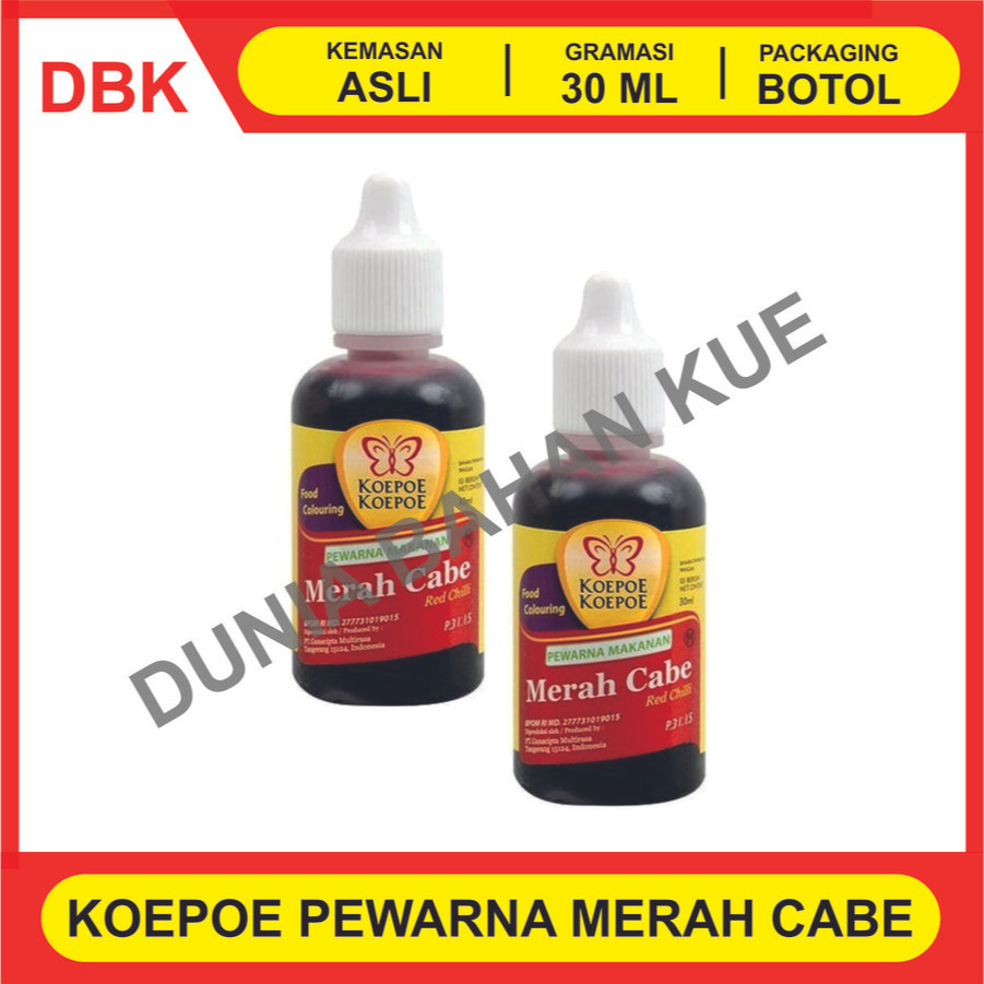 

PEWARNA MAKANAN MINUMAN KOEPOE KOEPOE MERAH CABE 30 ML - 1 LUSIN 12 PCS / KUPU FOOD COLORING