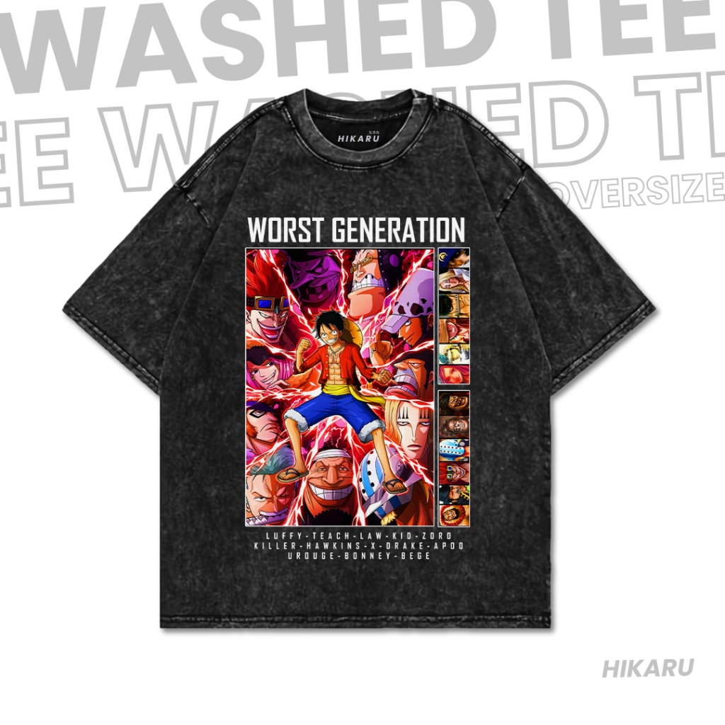 HIKARU Kaos ANIME ONE PIECE "WORST GENERATION" Oversize Washed T-Shirt | Stone Wash T-Shirt | Kaos A