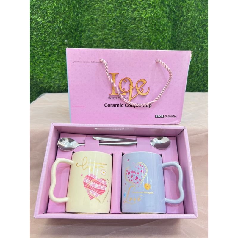 HAMPERS SET GELAS COUPLE LOVE KERAMIK// SET GELAS COUPLE CANTIK LOVE VALENTINE GIFT