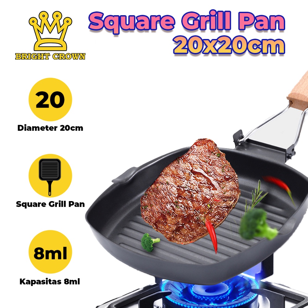 Terpercaya.. Bright Crown 20cm Panci PANGGANG BBQ Square Grill Pan Panci BBQ Panggangan Steak Anti L