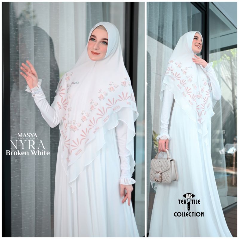 Set Gamis Dress Busui Friendly Ceruty Babydoll Premium Syari Branded Warna Putih Tulang - Broken Whi