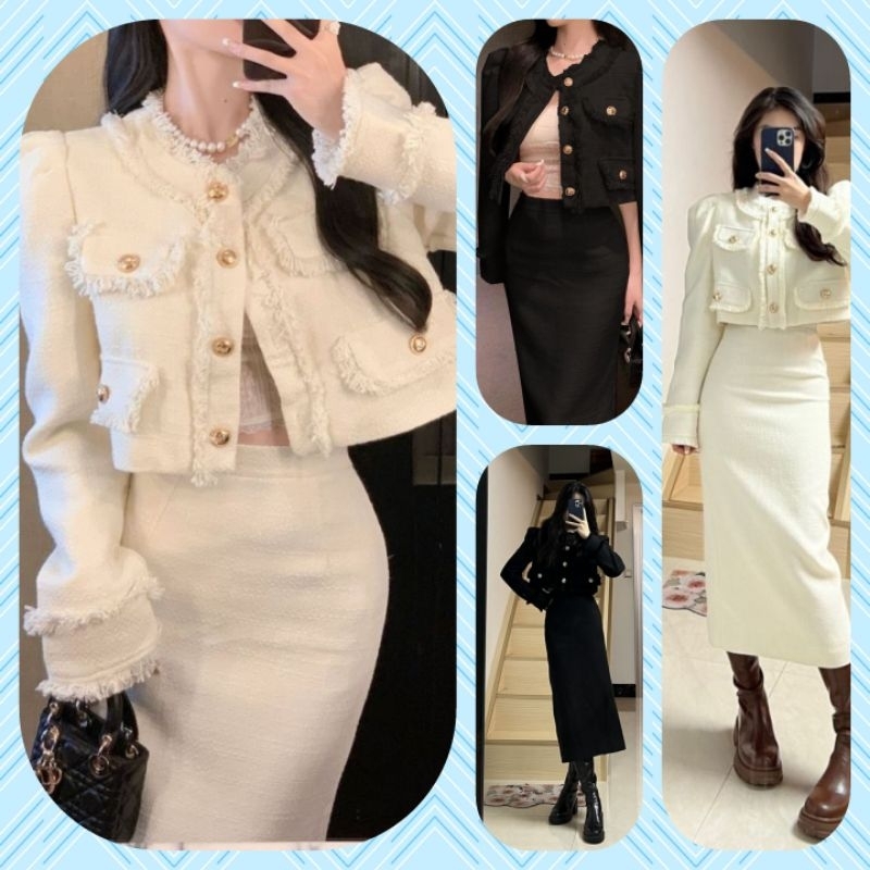 READY STOCK SIAP KIRIM Graviella Tweed One Set / ff358 ( Blazer+LONG Skirt )