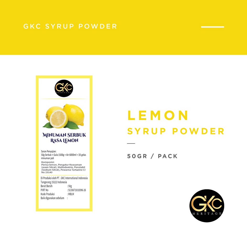 

NZWC5068 TERMURAH Bubuk Sirup Lemon / Powder Syrup Serbuk Minuman Powder Drink GKC Heritage Konsentrat 50 gram