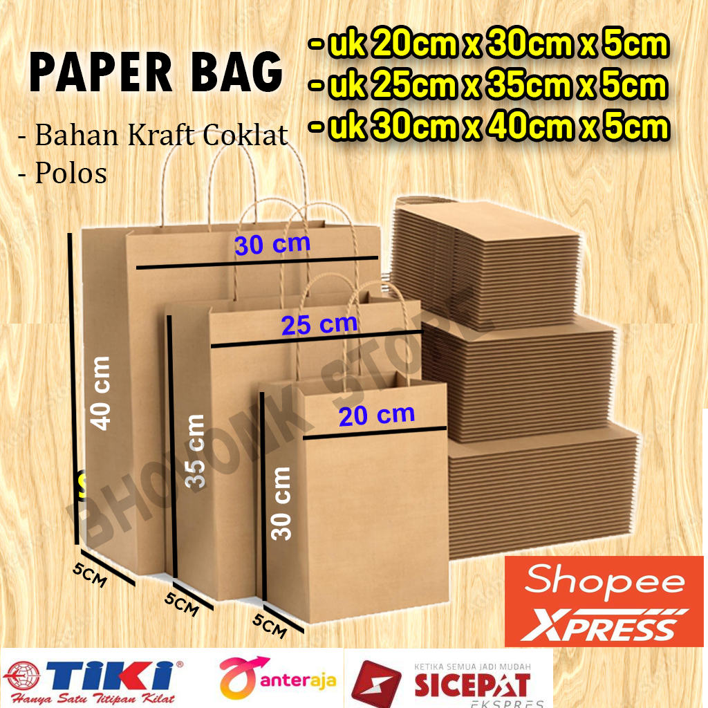 

Paper Bag Coklat minimal 12pcs/ 20 X 30 X 5/ 25X 35 X 5/40 X 30 X 5 /Paper Bag Kado/ Souvenir Packing/