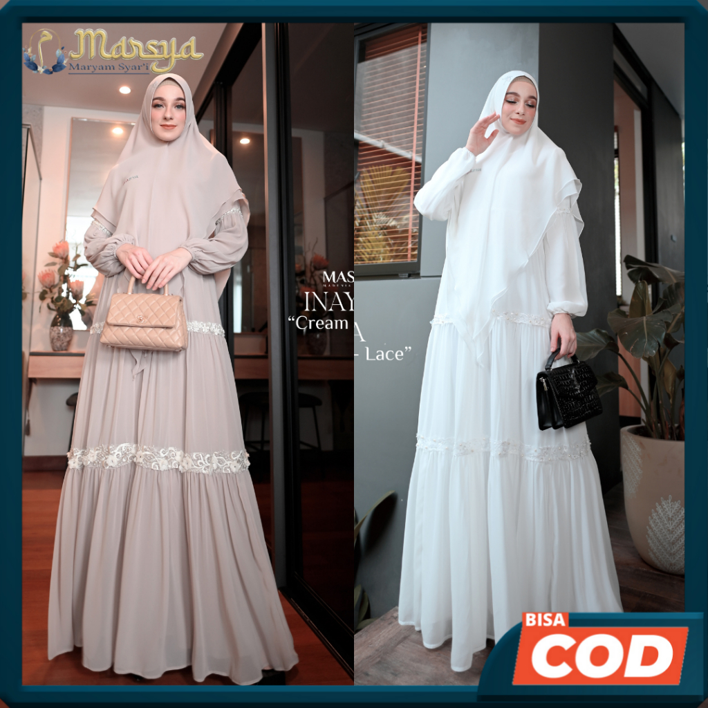 INAYA Set Gamis Dress Ceruty Babydoll Printing Premium Syari Branded Broken White - Coklat Susu - Cr