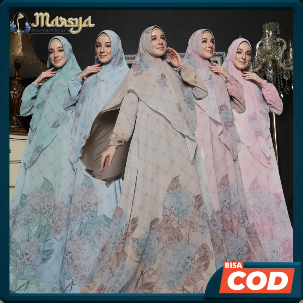 Set Gamis Dress Ceruty Babydoll Printing Premium Syari Branded Pink - Biru Muda - Baby Blue - Coklat