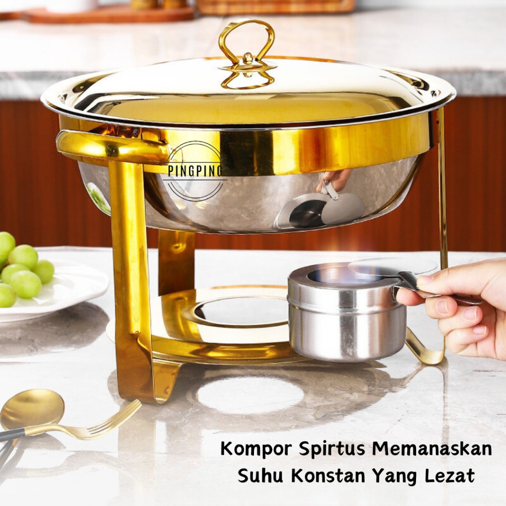 Wadah Prasmanan Bulat Stainless Steel Tebal, Lengkap dengan Pemanas