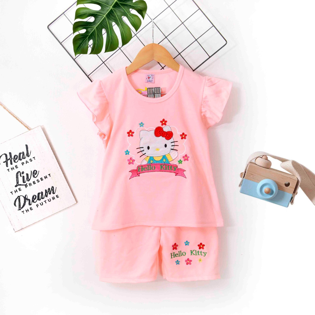 Stelan anak perempuan 2-9 tahun lengan pendek celana pendek/stelan bordir motif/one set anak