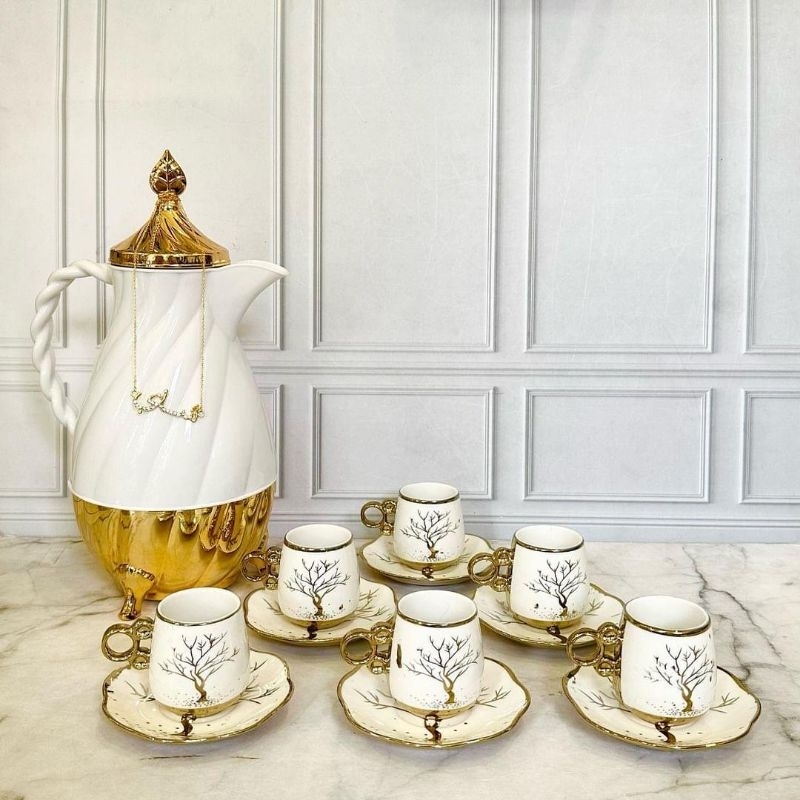 Cangkir Keramik Gold Putih Ceramic Tea Set Motif Akar Unik Mewah Aethetic Cangkir Gold Set Cangkir E