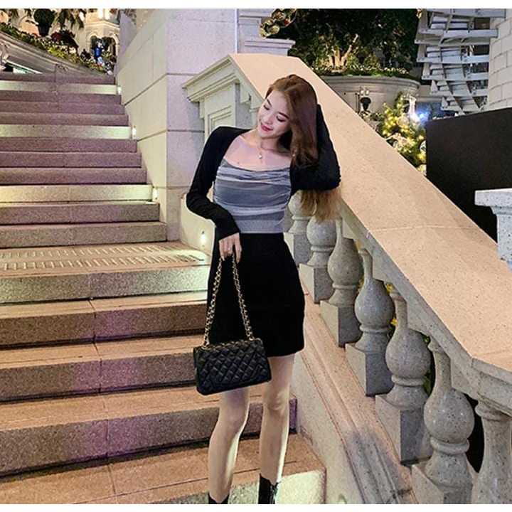 DREES WANITA HEPBURN MESH KERAH PERSEGI LENGAN PANJANG RAMPING DRESS BOODYCON