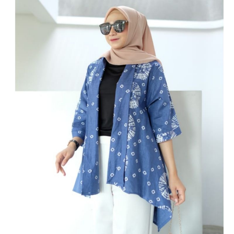 Blazer Wanita Bolero Indigo Outer Cardigan NIKITA Motif Batik Waka Lengan Panjang Bahan Kain Katun